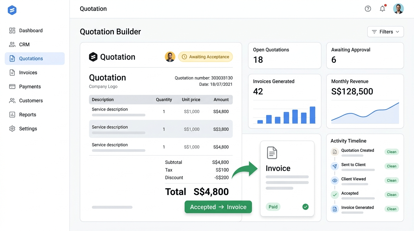 Quotation builder showing line items, total and accepted-to-invoice conversion