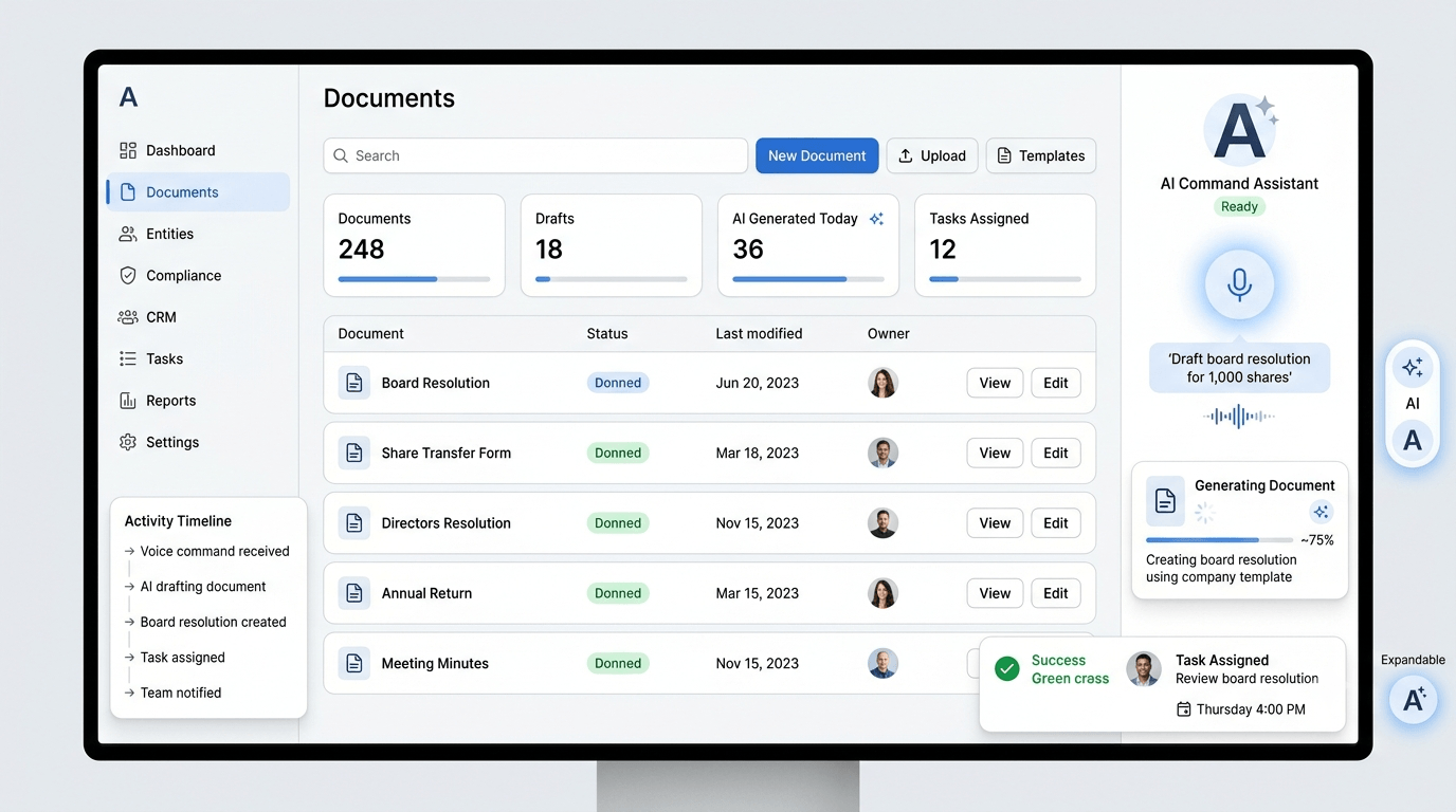 The AI assistant dock drafting a board resolution and creating a task from a voice command