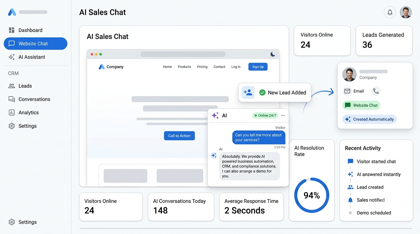 AI sales chatbot answering a website visitor at night and capturing the lead