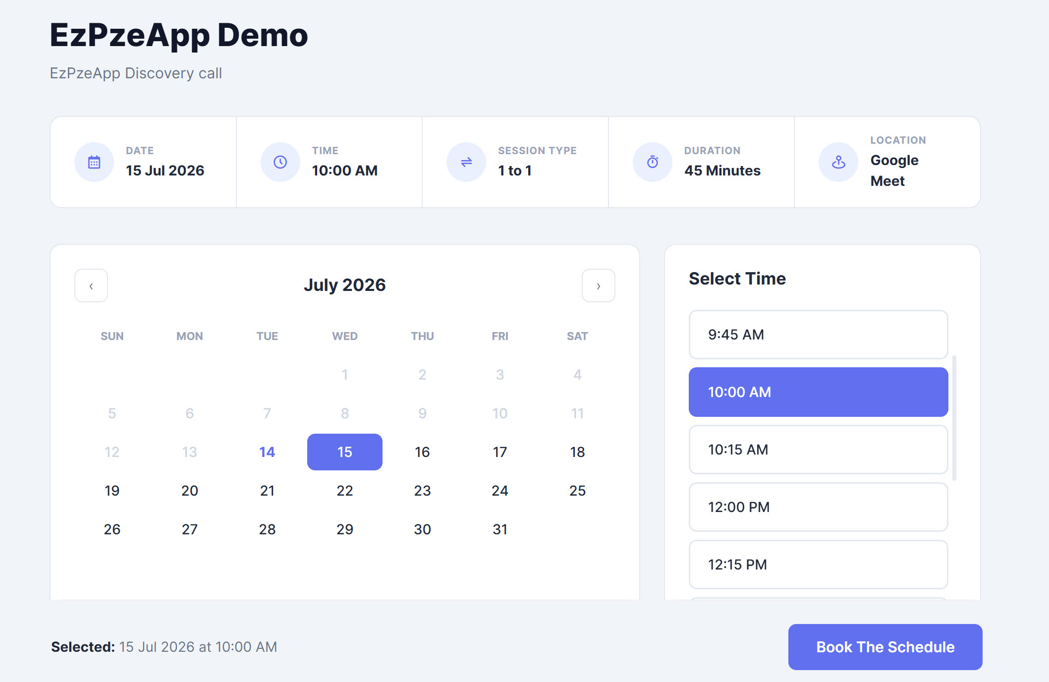 Booking page with calendar, available time slots and confirmed meeting synced to Google and Outlook