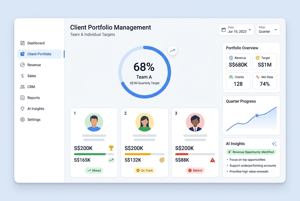 Team target progress ring at 68% of a S$1M quarterly goal with individual staff cards ahead, on track and behind