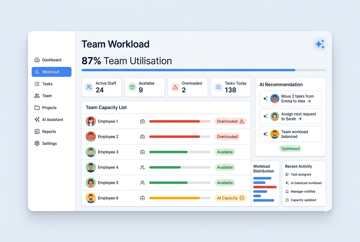 OneCosec staff workload monitor showing 87% team utilisation with overloaded, at-capacity and available staff bars